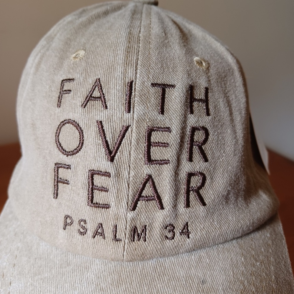 Love in Faith Over Fear Psalm 34 Baseball Cap Hat Khaki Tan‎ Adjustable NWT